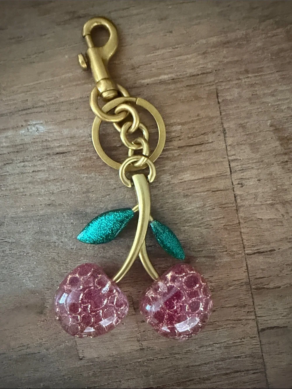 Gold Cherry Charm Keychain with Pink Glitter Cherries and Green Leaves